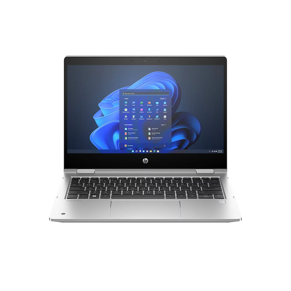 Ein silberner Laptop mit geöffnetem Bildschirm. Das Windows-Startmenü ist zu sehen.