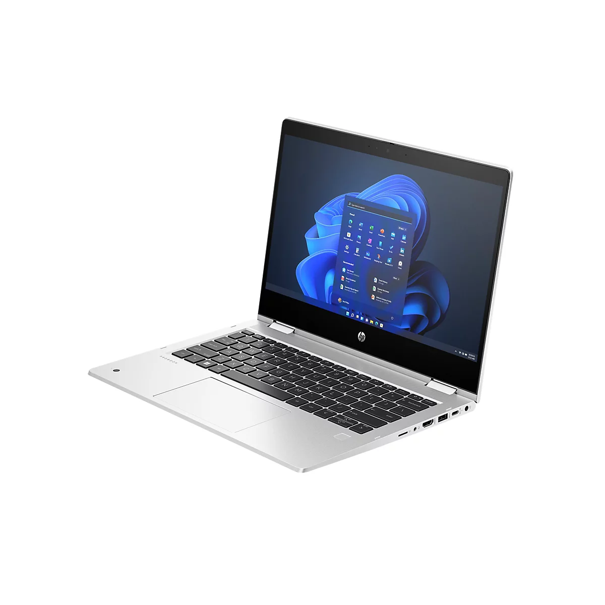 Ein silberner HP ProBook Laptop, halb geöffnet, auf weißem Hintergrund. Der Bildschirm zeigt ein Windows 11-Startmenü.