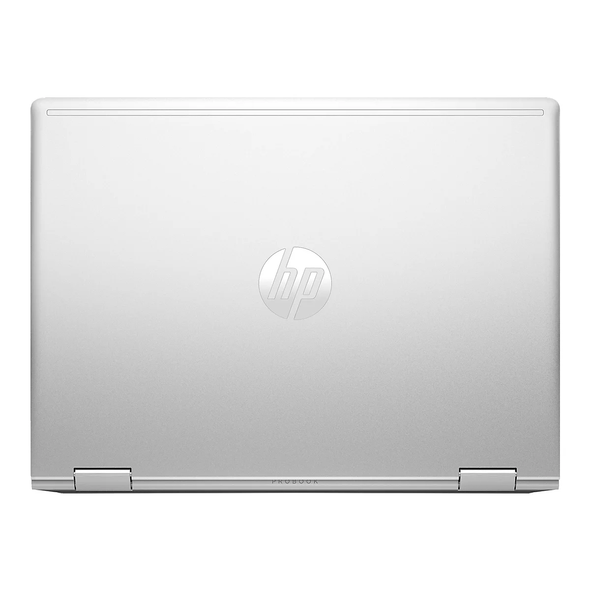 Draufsicht auf ein silbernes HP ProBook-Laptop. Das HP-Logo befindet sich mittig. Der Bildschirm ist geschlossen.