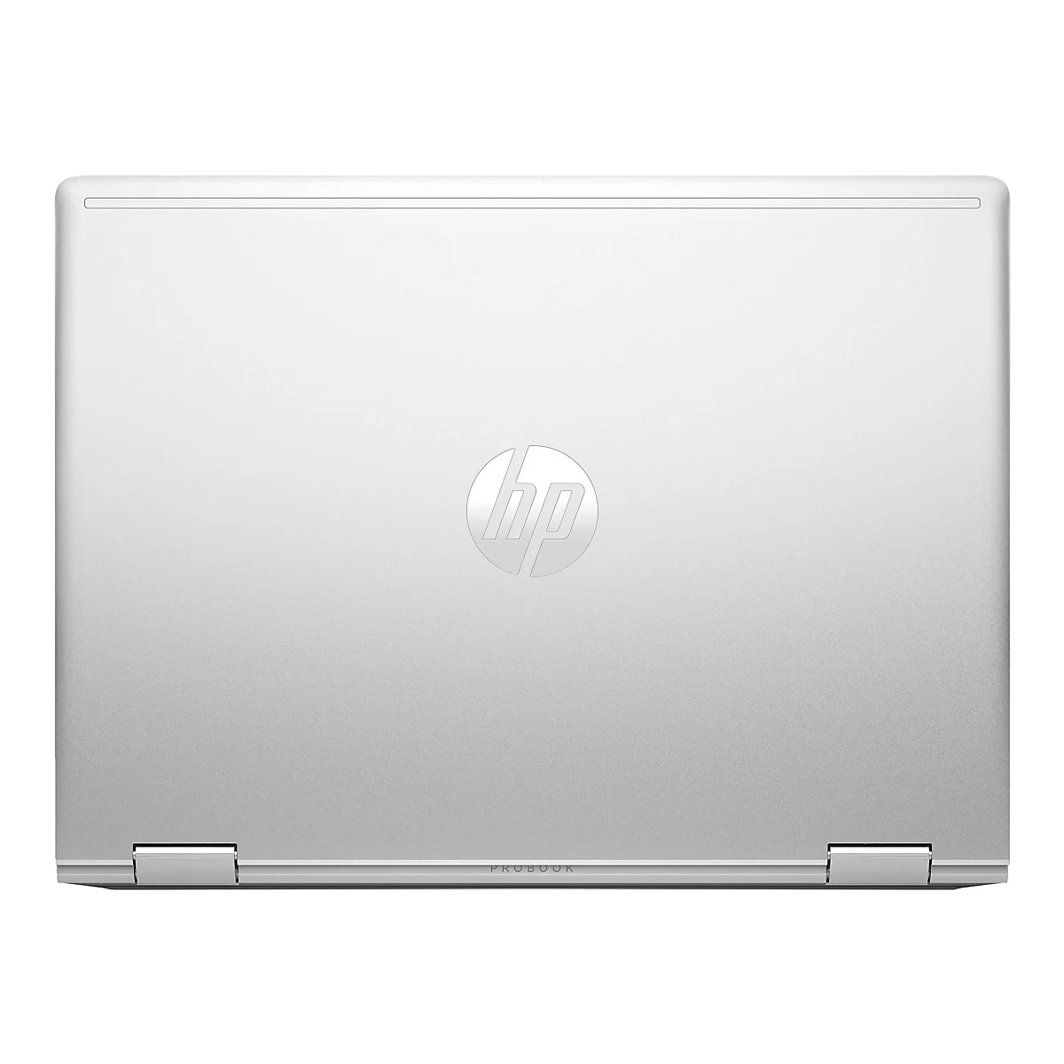 Silberner Laptop, von oben gesehen. Auf dem Deckel das HP-Logo. Die Scharniere sind an der unteren Kante zu sehen.