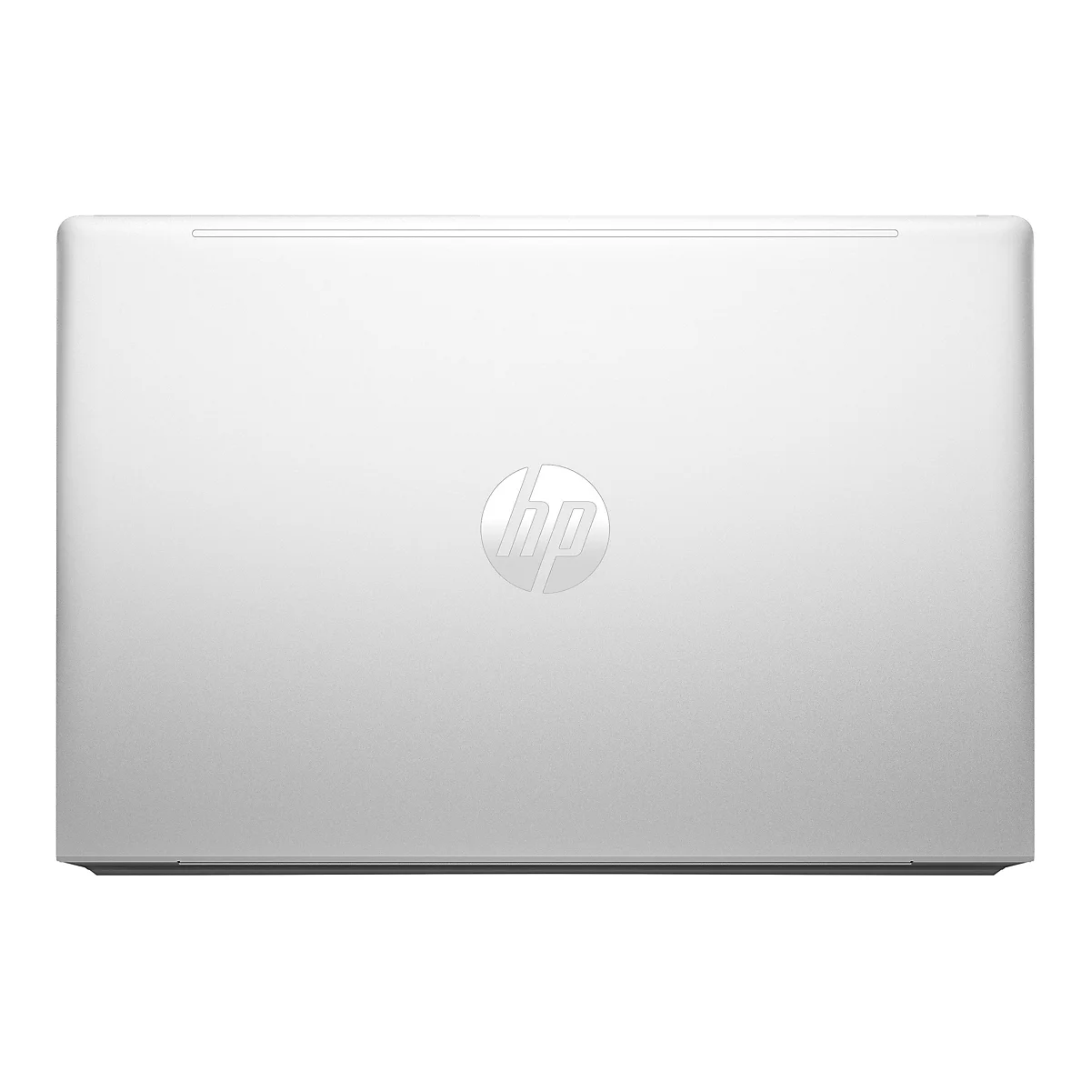 Obenansicht eines silbernen Laptops mit HP-Logo.