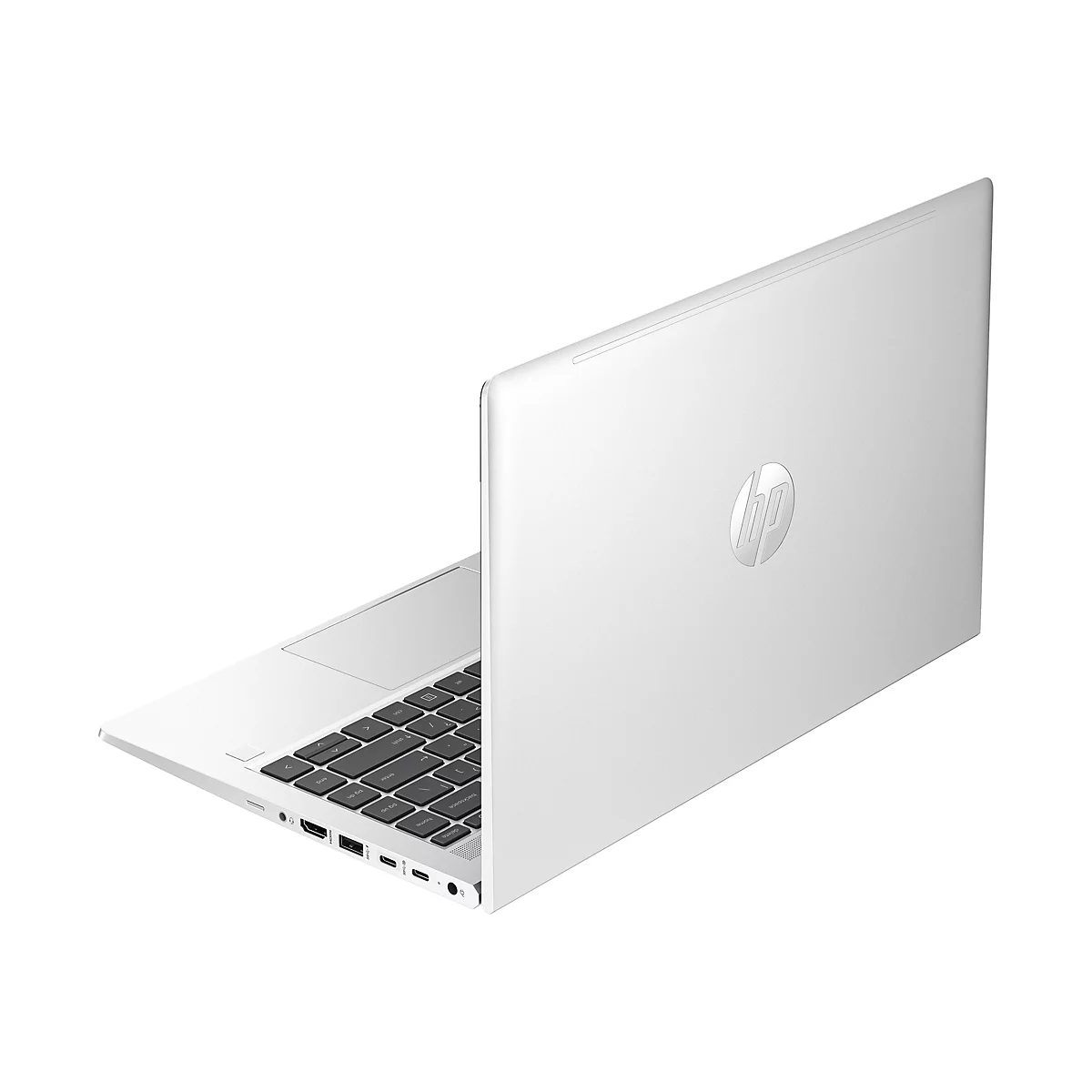 Weißes Notebook, leicht geöffnet, mit HP-Logo. Die Tastatur ist schwarz, das Gehäuse silberfarben.