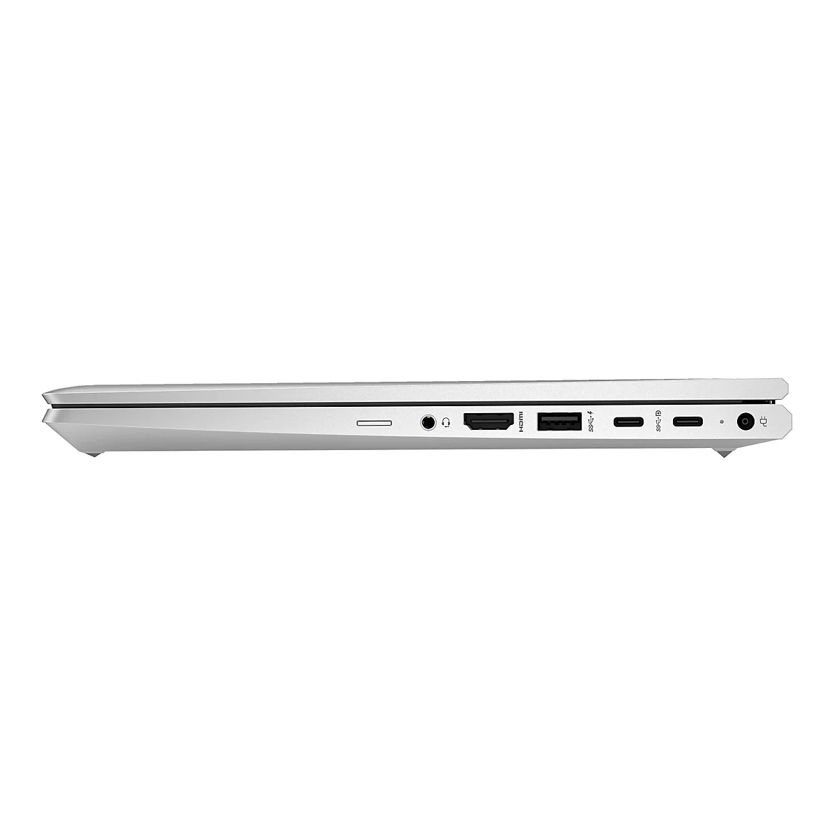 Seitenansicht eines silbernen Laptops mit verschiedenen Anschlüssen: USB-C, USB, HDMI, Kopfhöreranschluss, Stromanschluss.