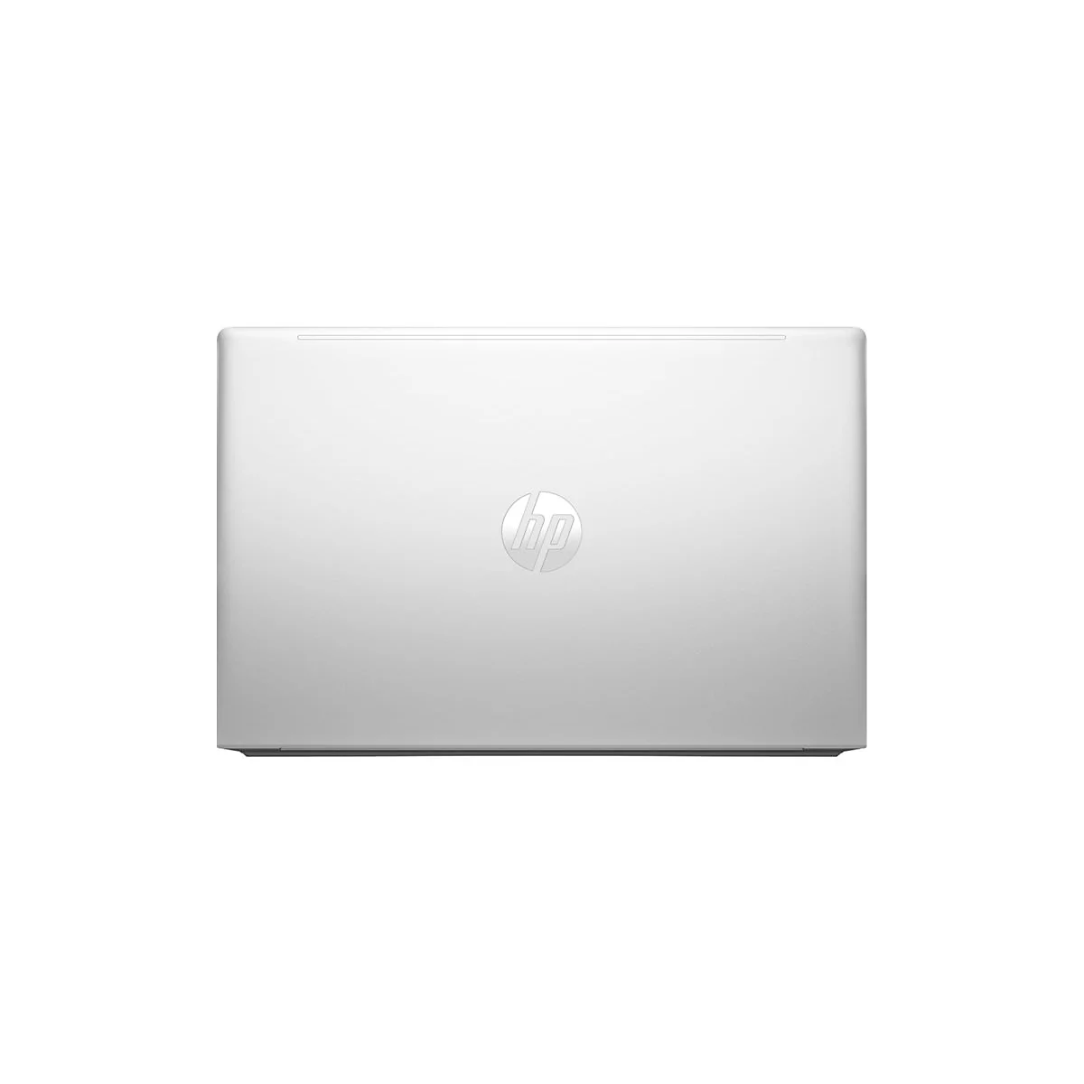 Draufsicht auf einen silberfarbenen Laptop, mit HP-Logo auf der Abdeckung.