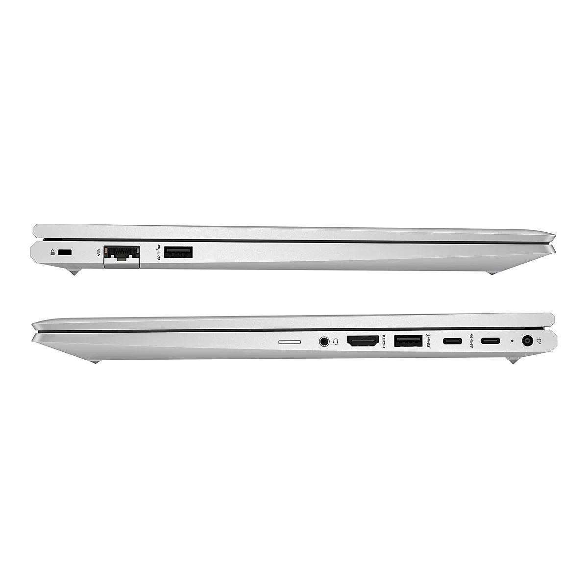 Zwei Laptops im Profil, silberfarben, mit Anschlussbuchsen an den Seiten, auf weiÃŸem Hintergrund.