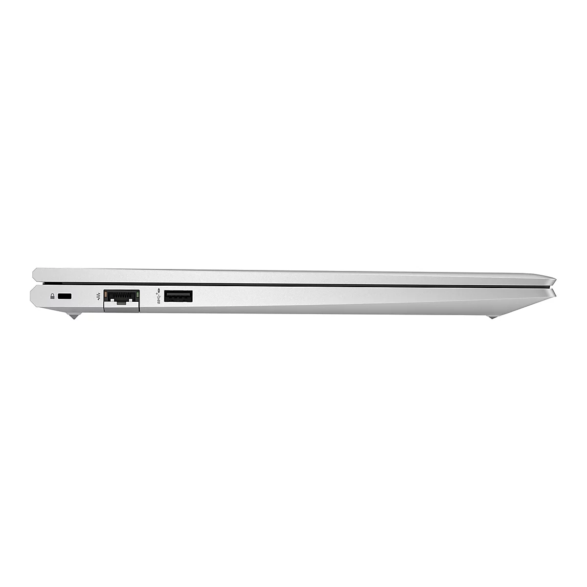 Ein silbernes Laptop im Profil. Sichtbar sind AnschlÃ¼sse fÃ¼r Strom, Ethernet und USB.