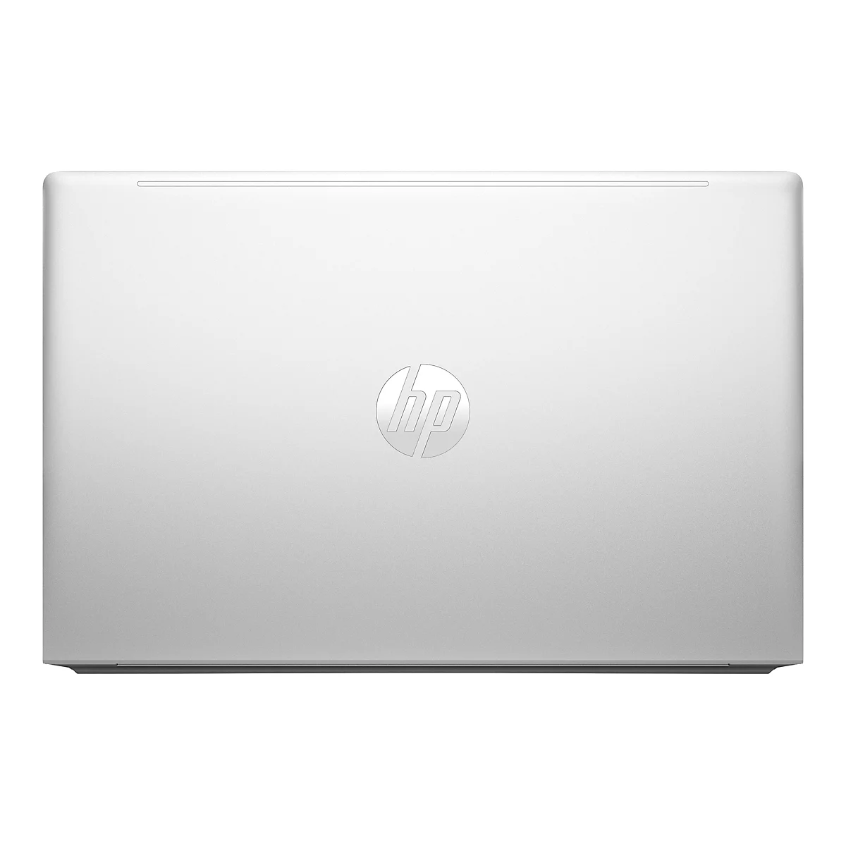 Ein silbergrauer Laptop, der von oben betrachtet wird, mit dem HP Logo in der Mitte.