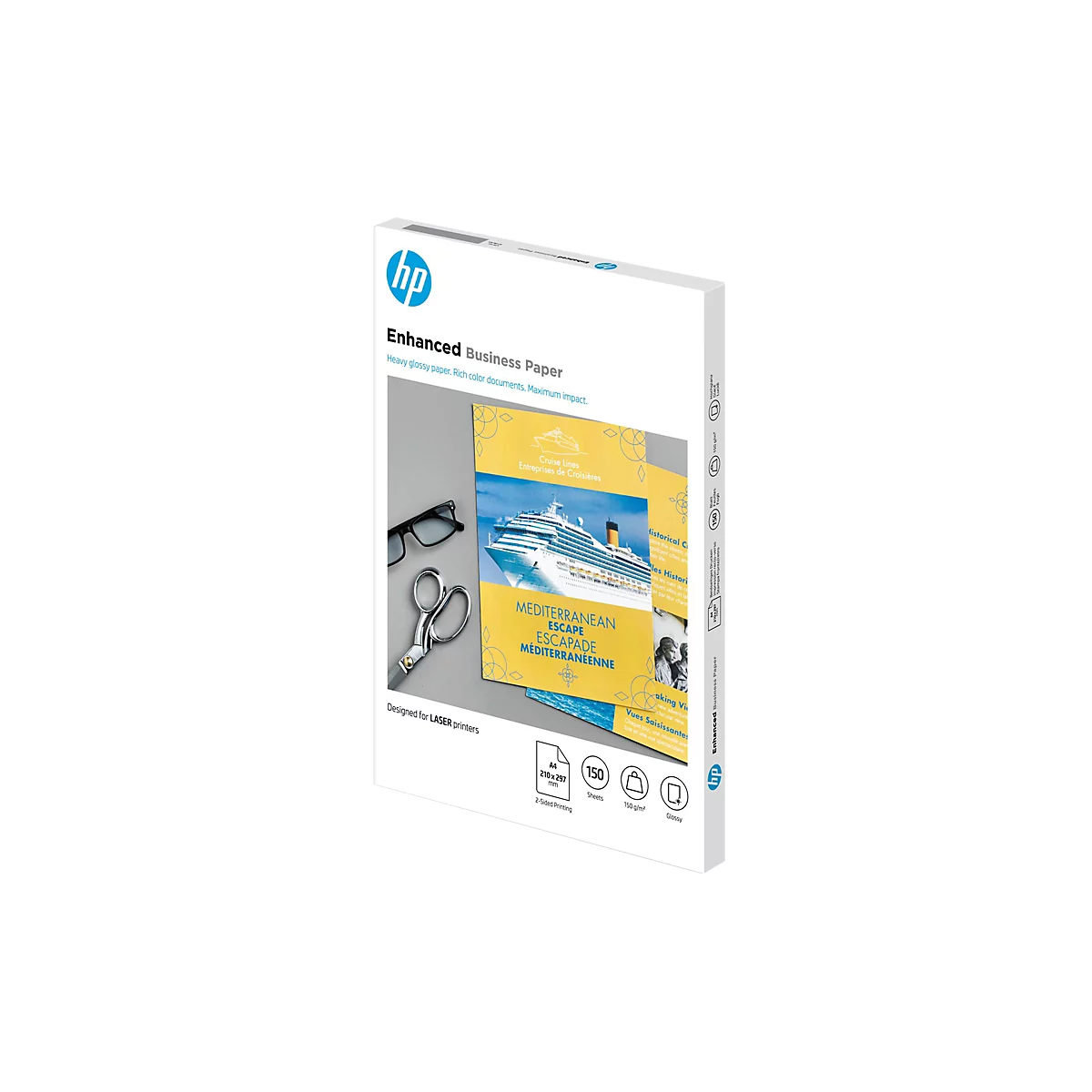 Produktverpackung für HP Enhanced Business Paper, A4, glänzend, mit 150 Blatt für Laserdrucker.