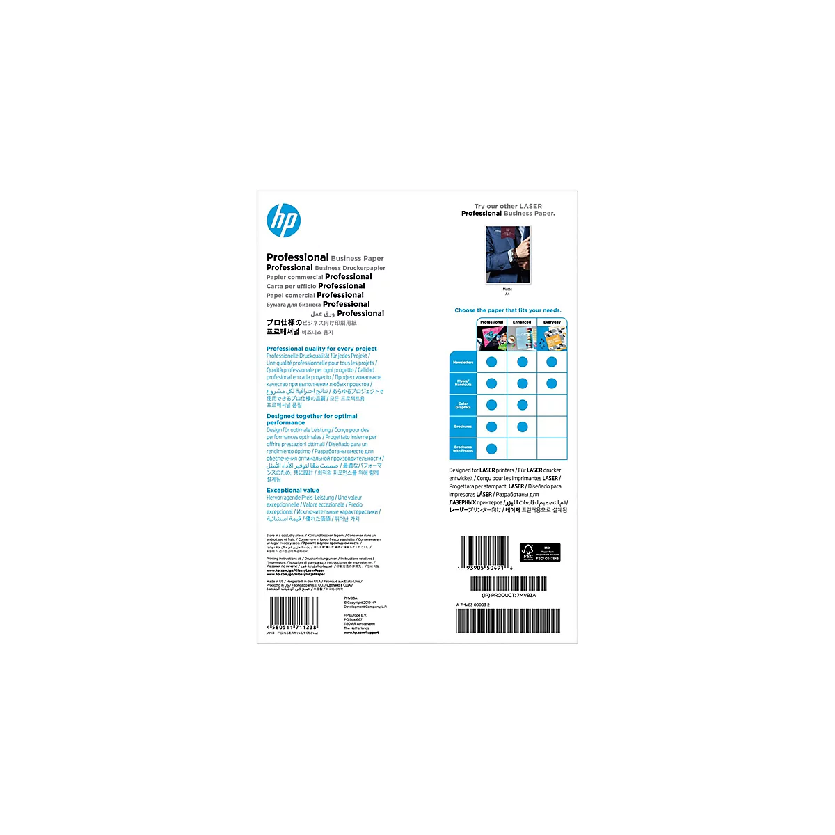 Rückseite einer HP Professional Business Paper Verpackung mit mehrsprachigen Informationen und Produkttabelle.