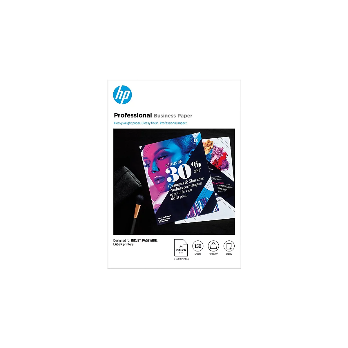 HP Professional Business Paper A4 Packung mit glänzendem Druckbeispiel, Make-up-Motiv und Produktdetails.