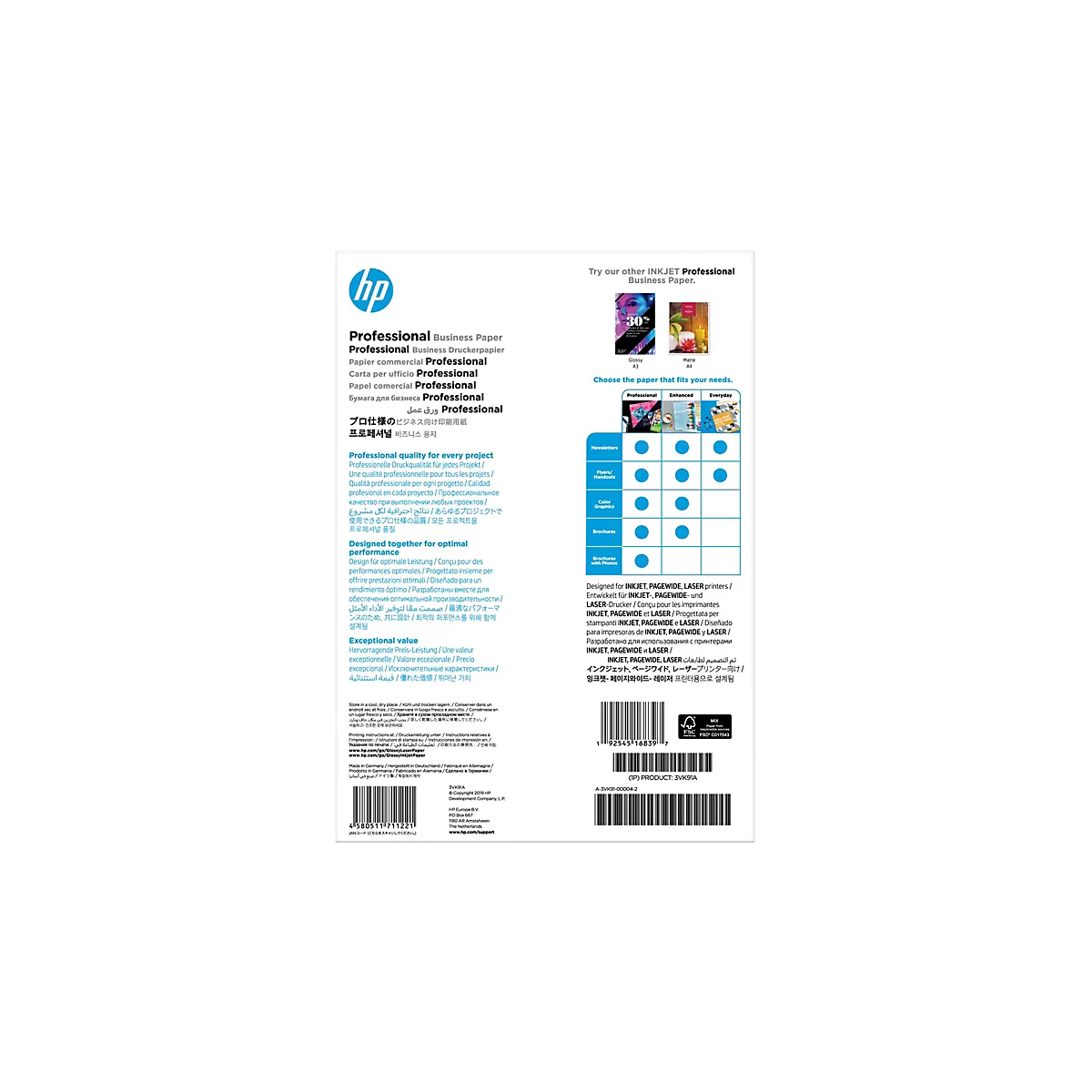 Rückseite einer HP Professional Business Paper Papierverpackung mit Produktinformationen, Grafiken und Zertifizierungen.