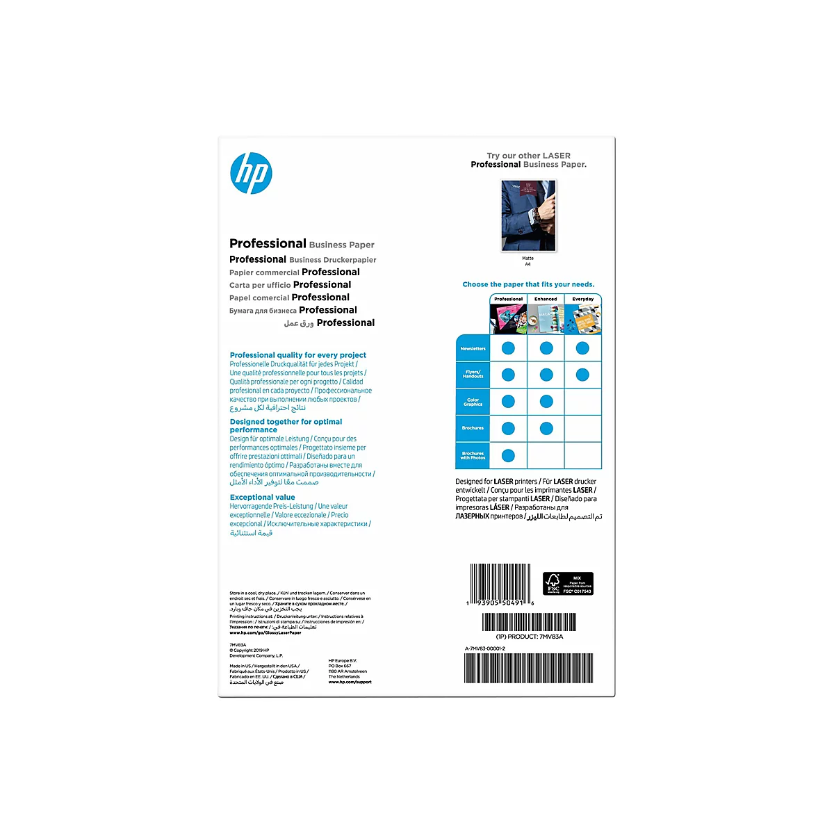 Rückseite einer HP Professional Business Papierverpackung mit Produktinformationen und Anwendungstabelle.
