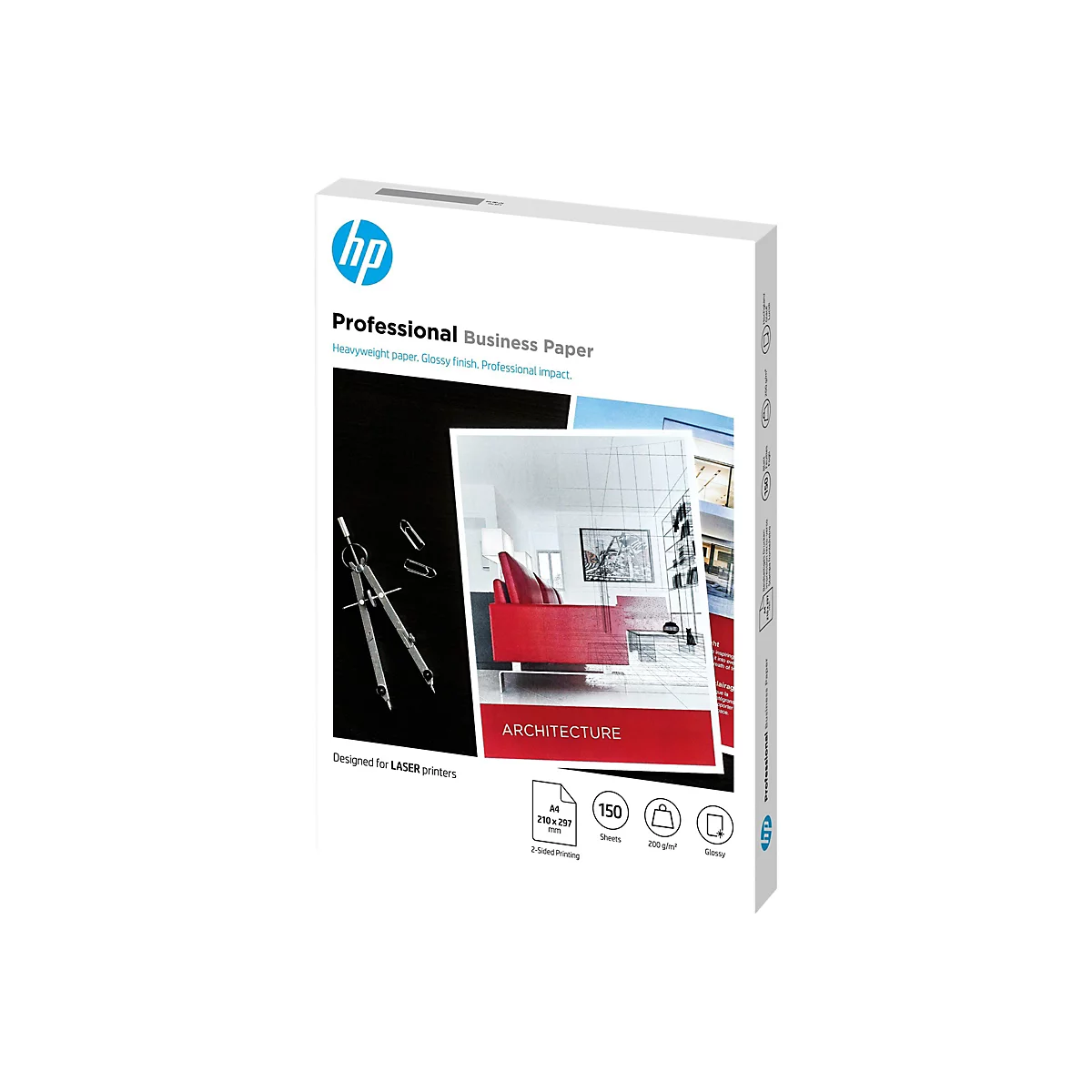 HP Professional Business Paper A4, 200g/m2, 150 Blatt, glänzend, Verpackung mit Architekturmotiv.