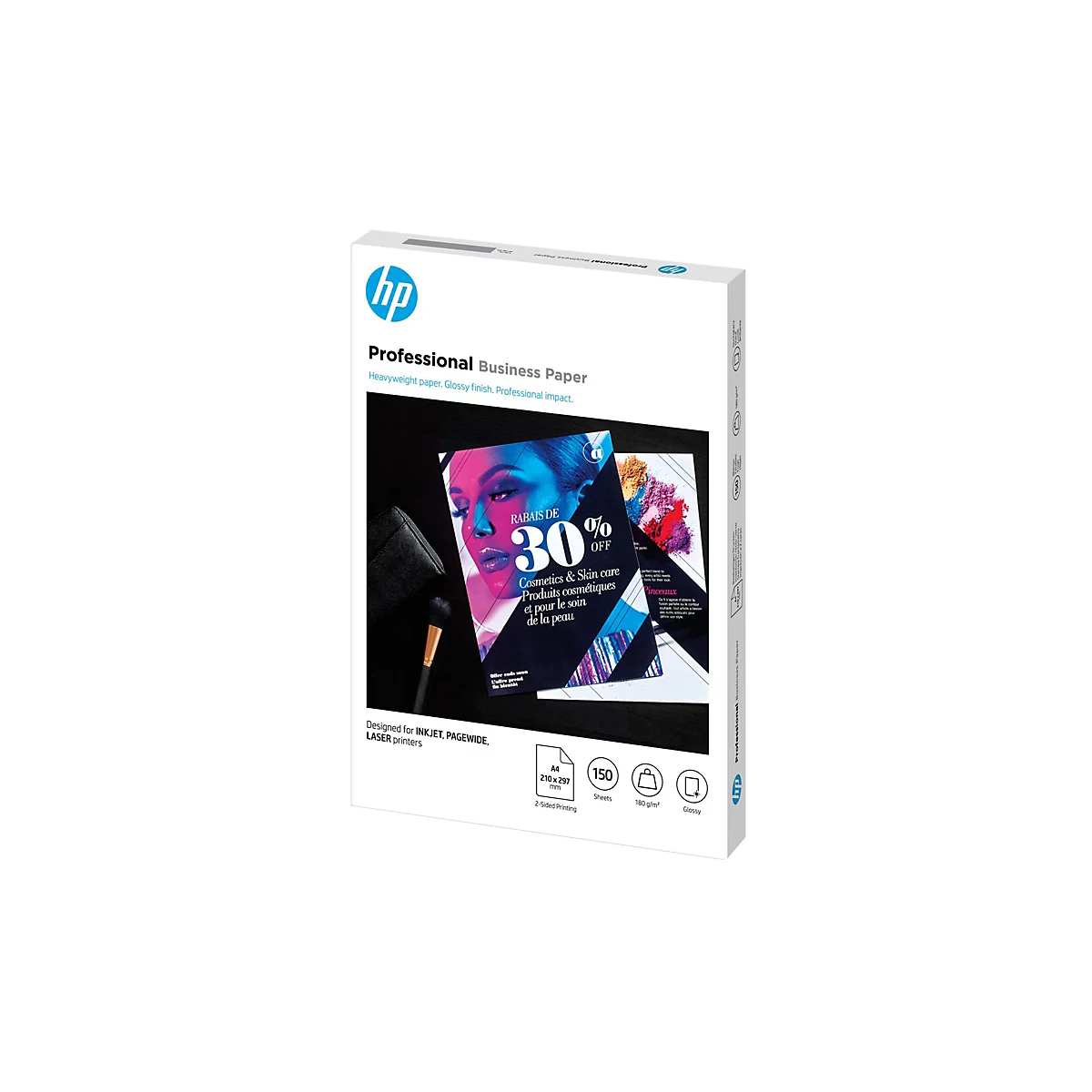 Packung HP Professional Business Papier im A4 Format mit glänzender Oberfläche für Tintenstrahl- und Laserdrucker.