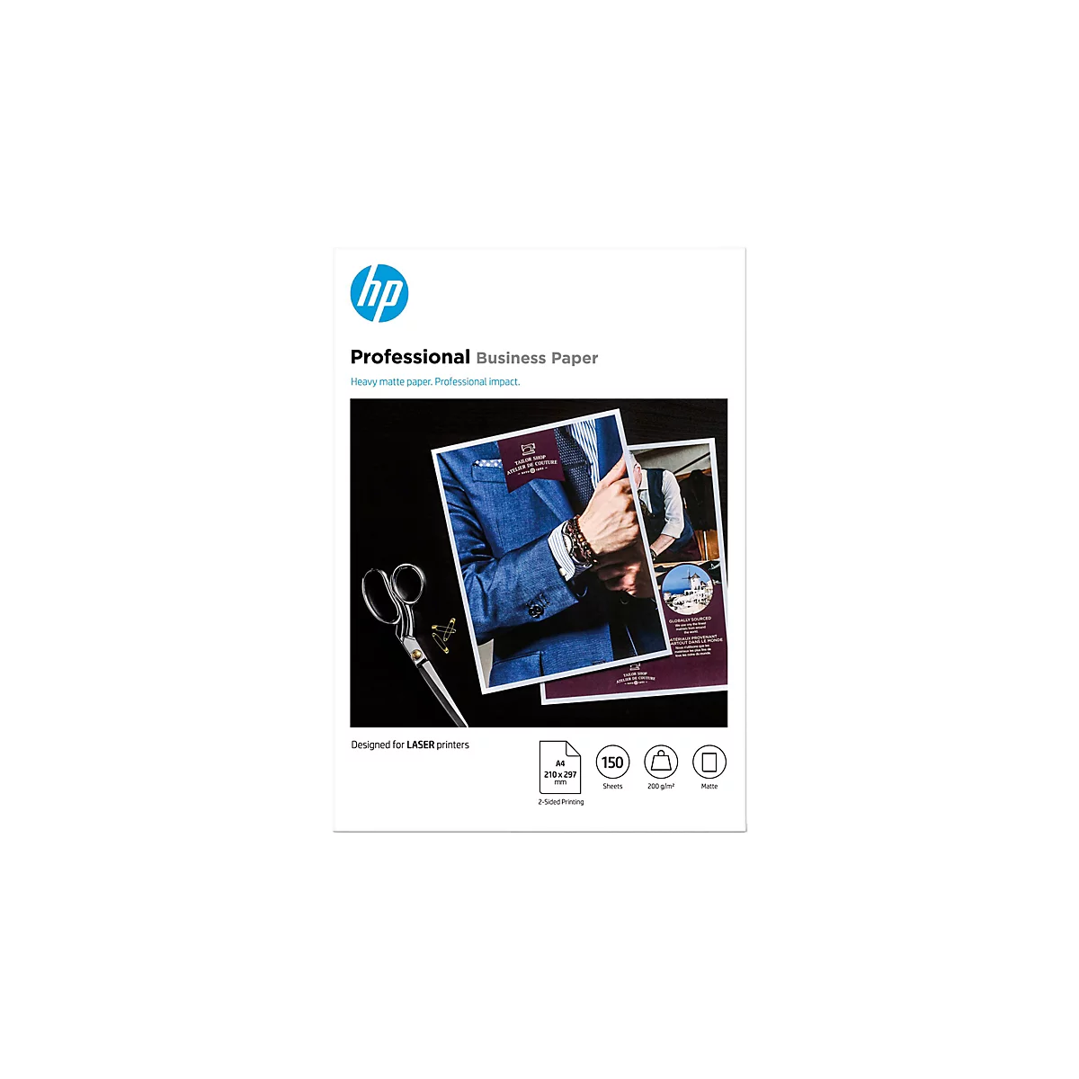 HP Professional Business Paper A4, 200g/m² matt, für Laserdrucker, mit Druckbeispielen einer Schneiderei.
