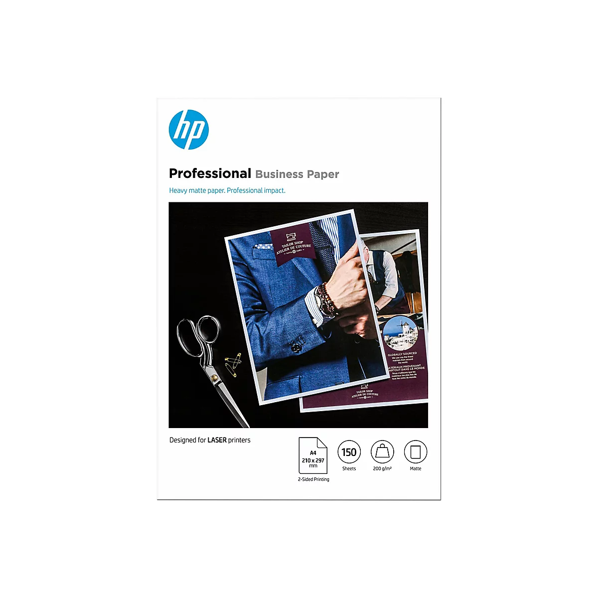 Verpackung von HP Professional Business Paper mit Produktbeispielbild und technischen Spezifikationen.