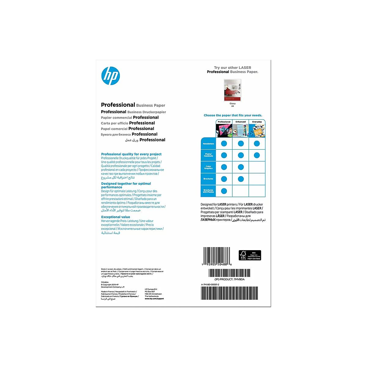 Die Rückseite einer HP Professional Business Papierverpackung mit Produktinformationen und Anwendungstabelle.