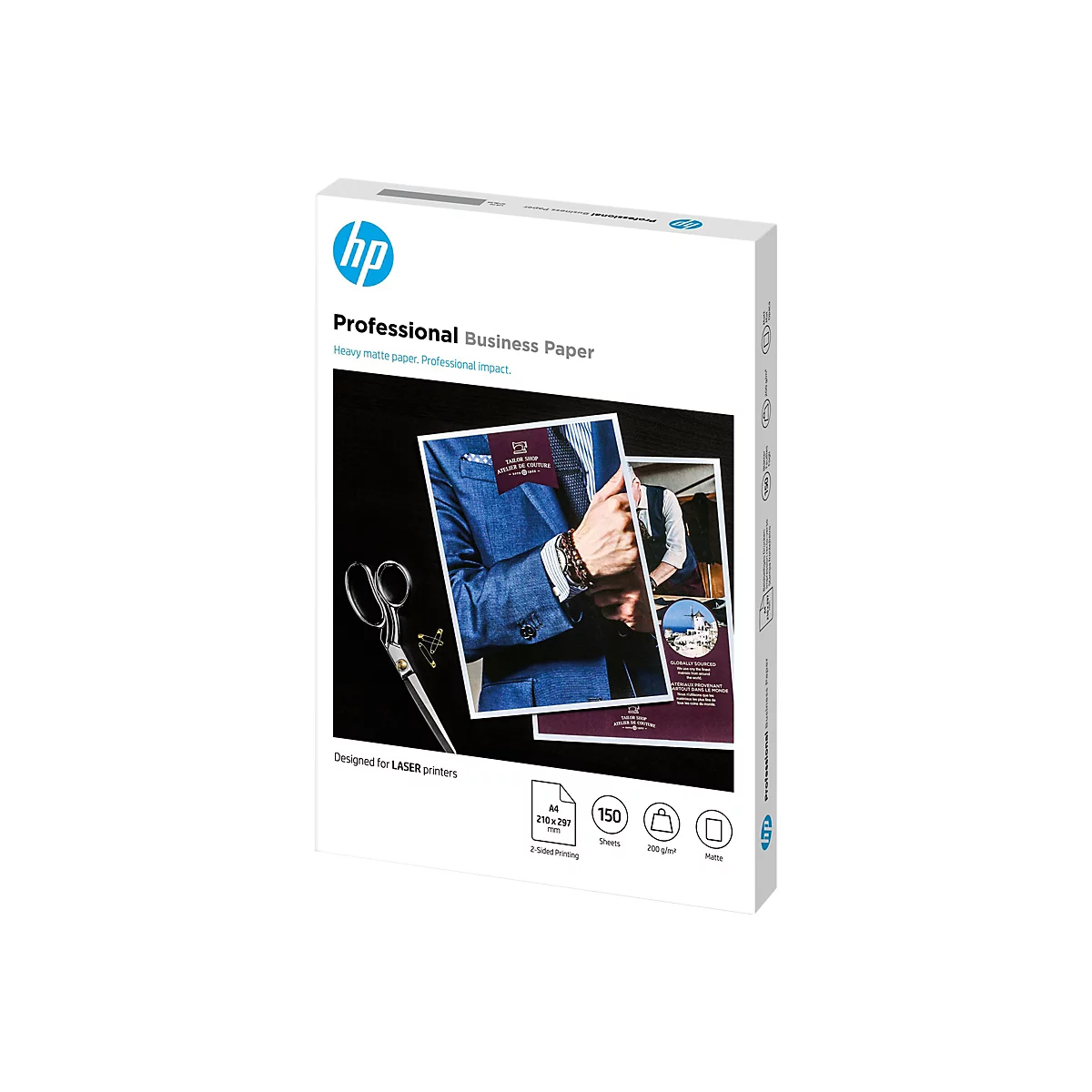 Eine weiß-blaue Packung HP Professional Business Paper mit Beispielbildern von Anzügen und einer Schere.