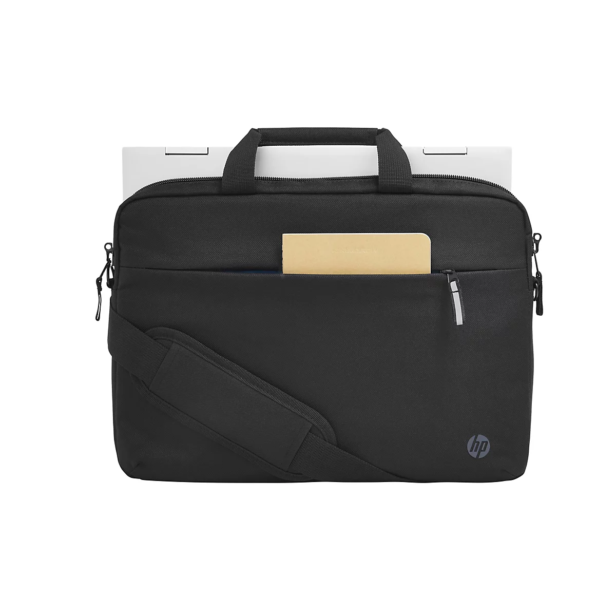 Schwarze Laptoptasche mit silbernem Reißverschluss und einem Notizbuch in der Vordertasche. Enthält einen Laptop. Auf der Tasche befindet sich ein HP-Logo.