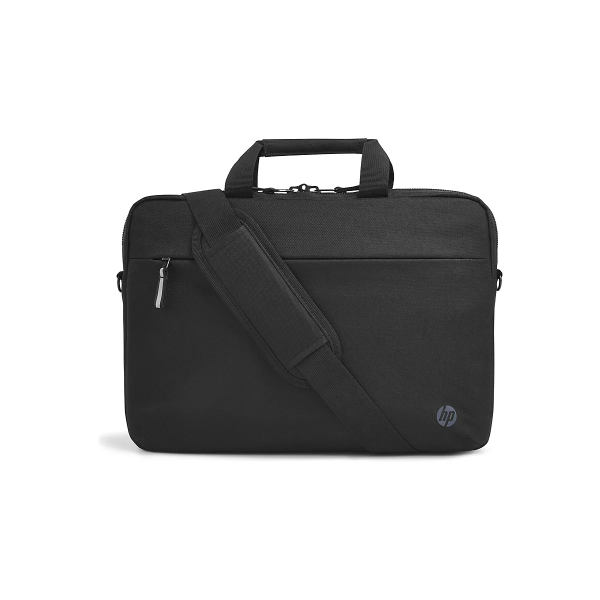 Schwarze Laptoptasche mit Schultergurt und Tragegriff. Reißverschluss, HP-Logo.