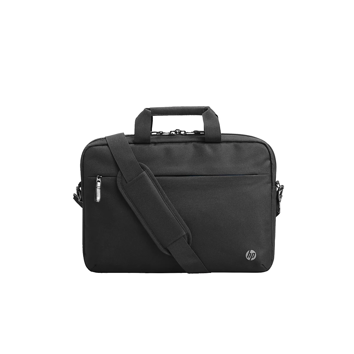 Schwarze HP Laptoptasche mit Schulterriemen, Tragegriff und Reißverschluss.