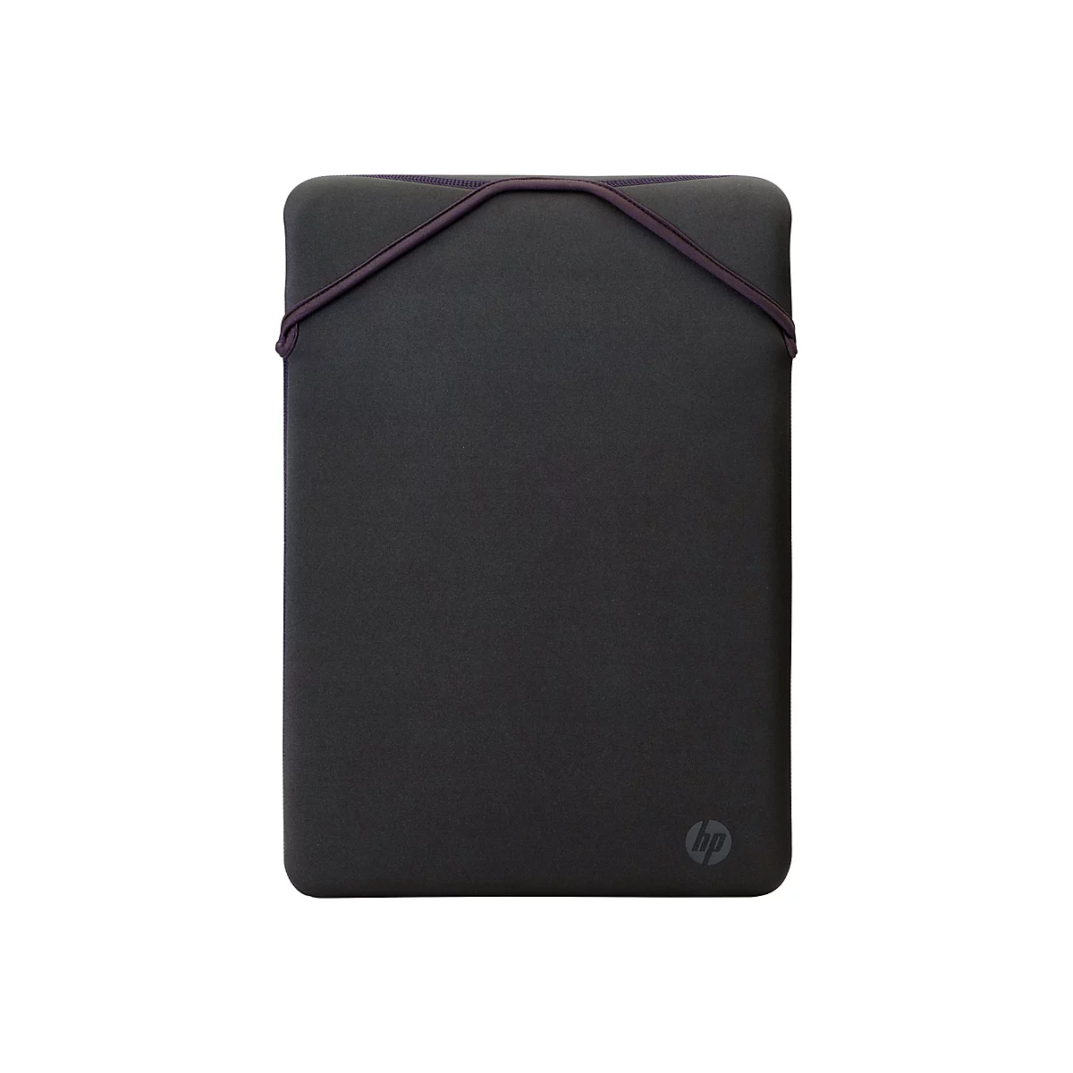 Schwarze Laptop-Hülle mit HP-Logo, purpurfarbener Kordel und weißem Hintergrund.