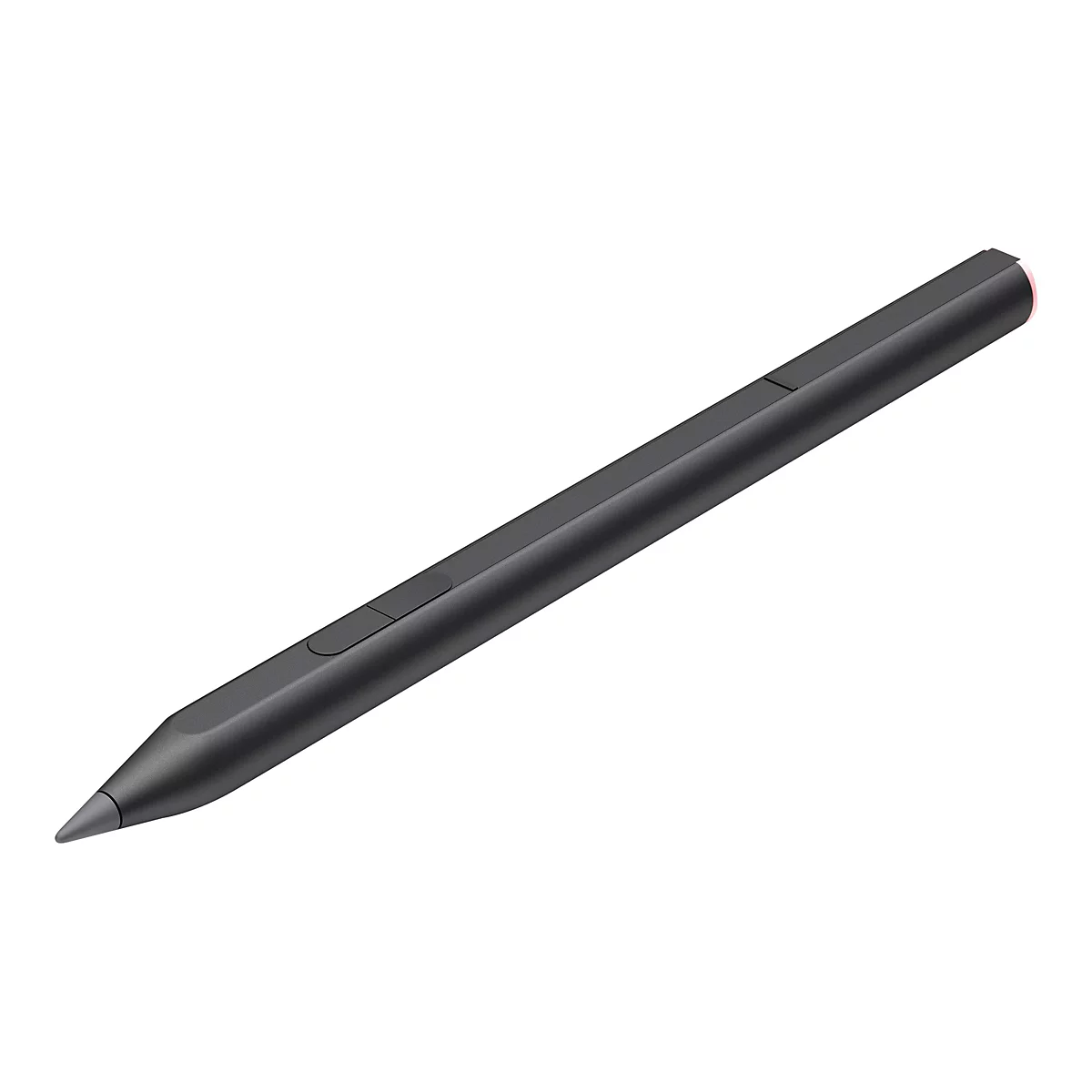 Ein schwarzer Eingabestift für Tablets. Der Stift hat eine längliche Form, an einer Seite zwei Knöpfe und am Ende eine abgerundete Kappe.