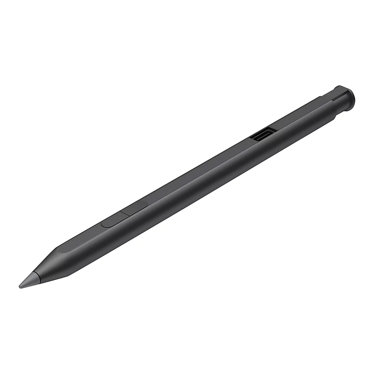 Ein schwarzer Eingabestift liegt diagonal vor weißem Hintergrund. Spitze und Spitze sind grau.