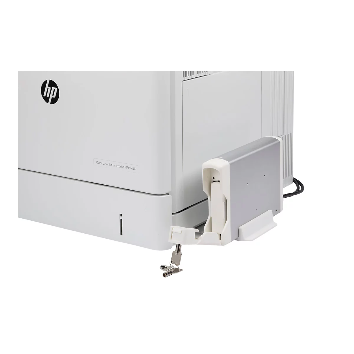 Nahaufnahme eines weißen HP Color Laser Jet Enterprise MFP M577 Druckers mit angeschlossenem Zusatzmodul und Schlüssel.