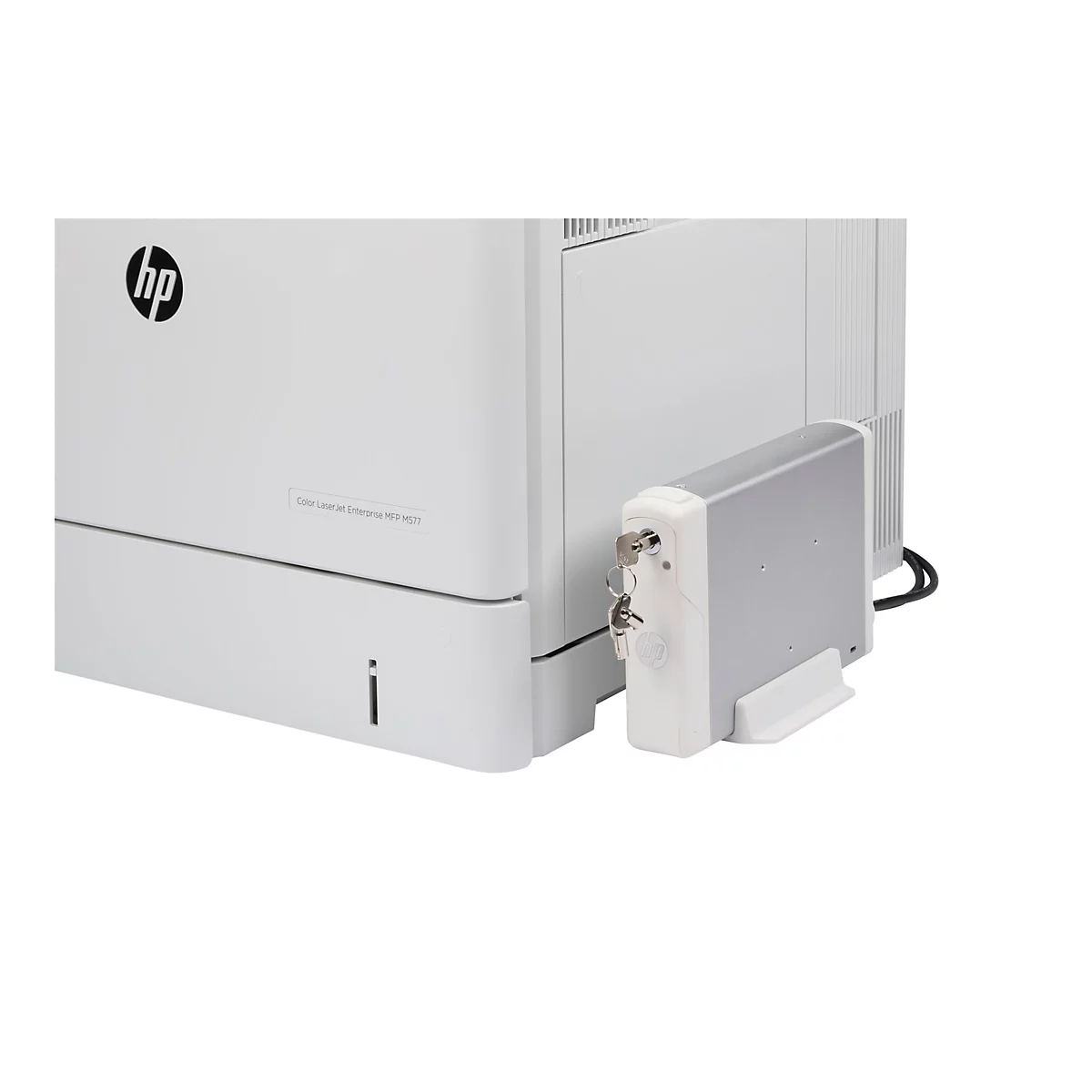 Nahaufnahme eines weißen HP-Druckers mit einem Schloss mit Schlüsseln. Der Drucker ist ein Color LaserJet Enterprise MFP M577.