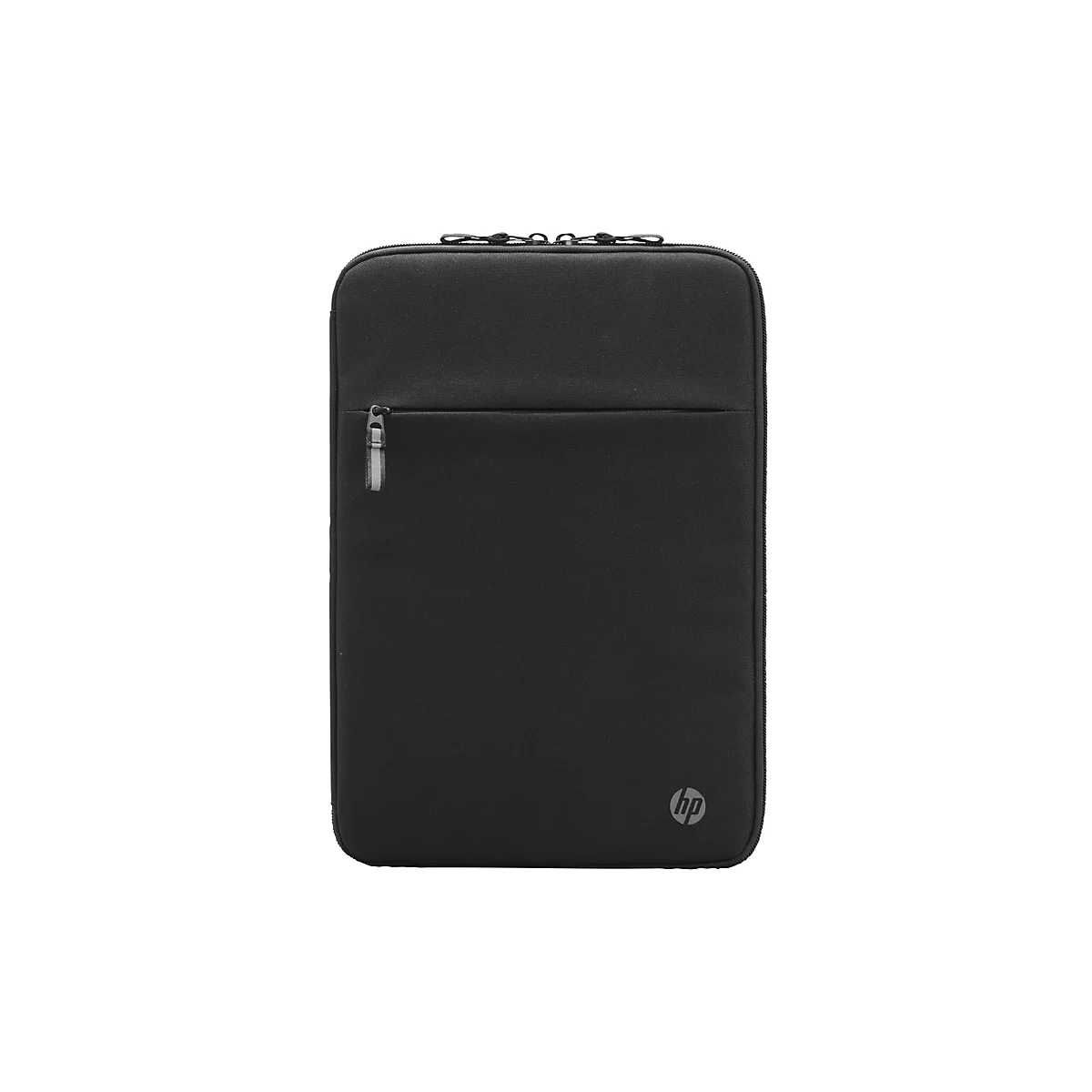 Schwarze Laptoptasche mit Reißverschluss, kleiner Vordertasche und HP-Logo.