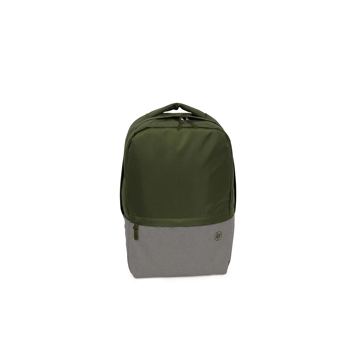 Ein grüner und grauer Rucksack vor weißem Hintergrund. Der obere Teil ist olivgrün und der untere Teil grau. Auf der unteren rechten Seite befindet sich ein Logo.