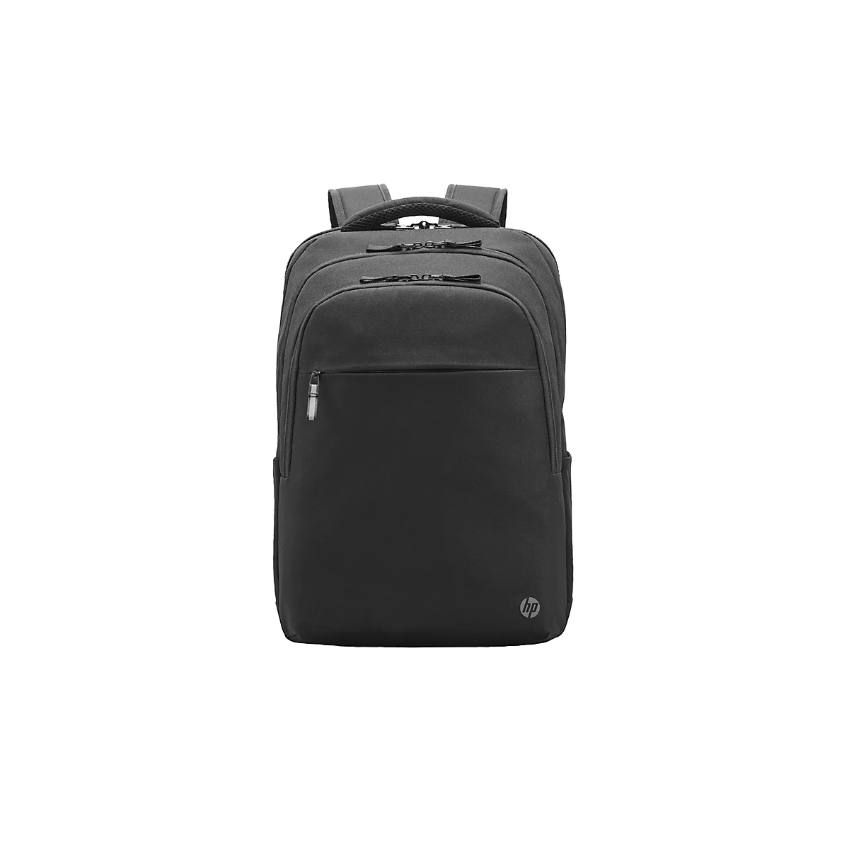 Schwarzer Laptop-Rucksack. Der Rucksack hat zwei Schultergurte und einen Tragegriff. Unten links ist das Logo von HP zu sehen.