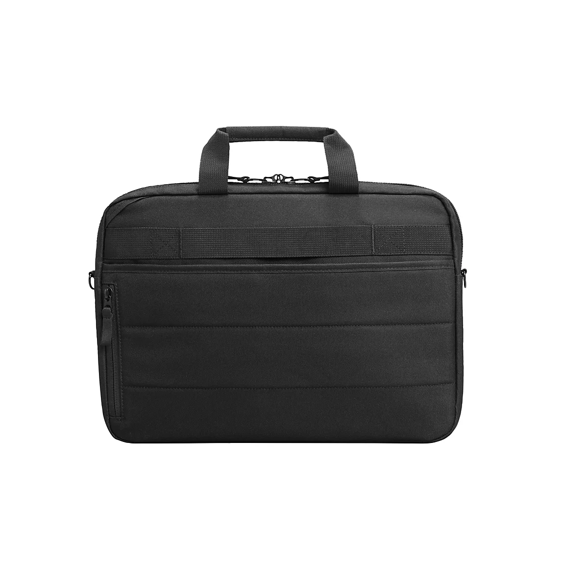 Schwarze Laptoptasche vor weißem Hintergrund. Mit Tragegriff, Reißverschluss und zusätzlichen Bändern.