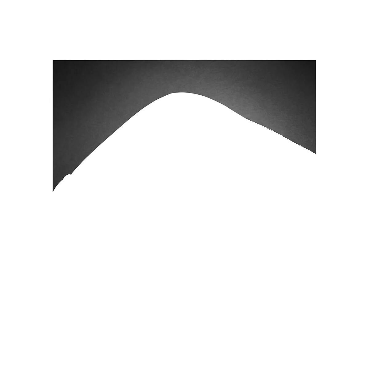 Abstraktes Bild mit weißem Hintergrund und einer dunklen, wellenförmigen Form. Der obere Rand der Form ist gezahnt.