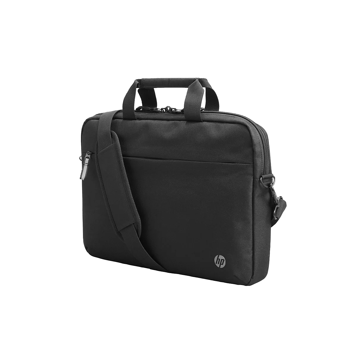 Schwarze HP Laptoptasche mit Schulterriemen und Tragegriff. Sichtbar sind das HP Logo und Reißverschlüsse.