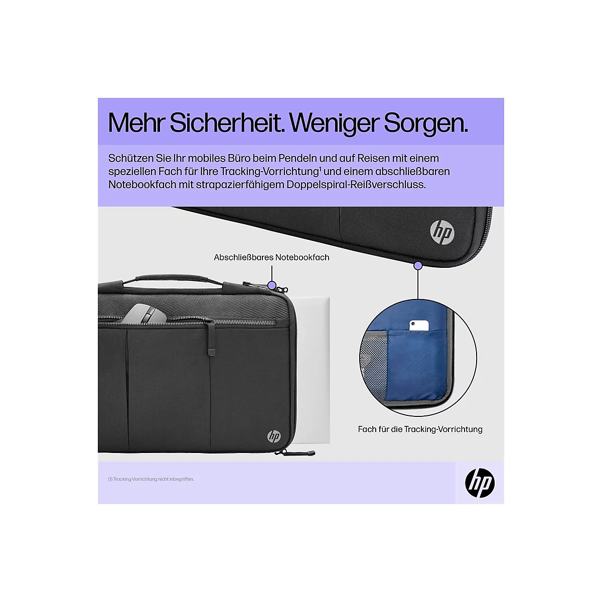 Schwarze Laptop-Tasche von HP. Die Tasche hat ein abschließbares Notebookfach und ein Fach für die Tracking-Vorrichtung. Auf dem Gehäuse ist das HP Logo zu sehen.