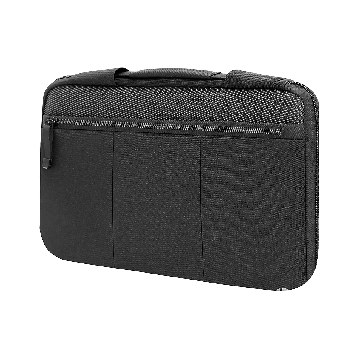 Schwarze Laptoptasche mit Reißverschluss, Griff und diagonal gemusterten Oberteil. Der Reißverschluss verläuft waagerecht.