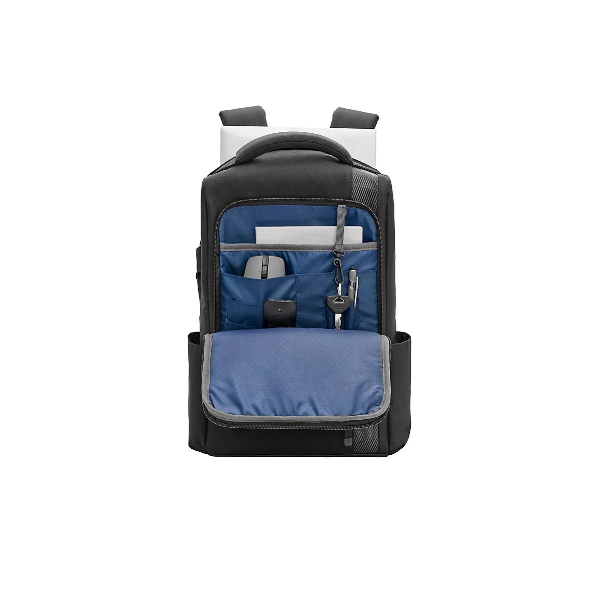 Schwarzer Laptop-Rucksack, offen. Innenfach mit Maus, Stift, Schlüssel und Papier. Blauer Innenstoff.