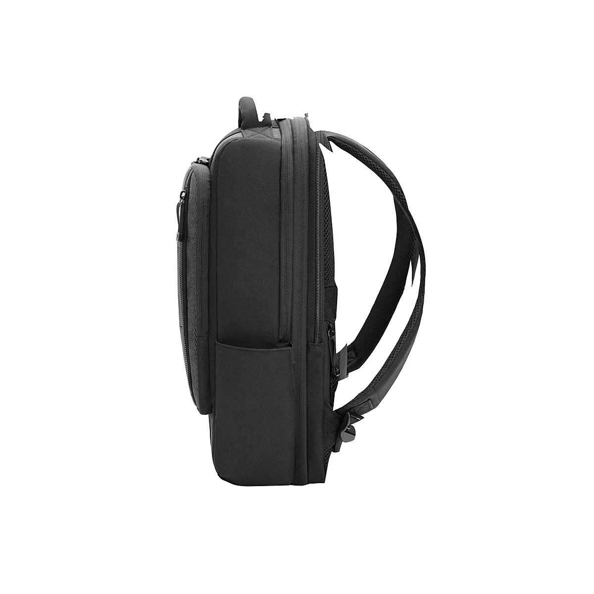 Schwarzer Business-Rucksack in Seitenansicht vor weißem Hintergrund.