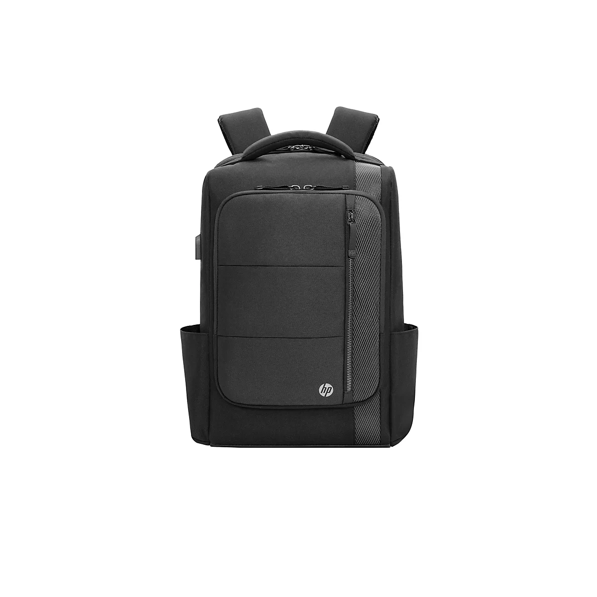 Schwarzer HP Laptop-Rucksack, auf weißem Hintergrund. Der Rucksack hat zwei Schultergurte und einen Tragegriff. Die Vorderseite ist mit mehreren horizontalen Nähten versehen und zeigt das HP-Logo.