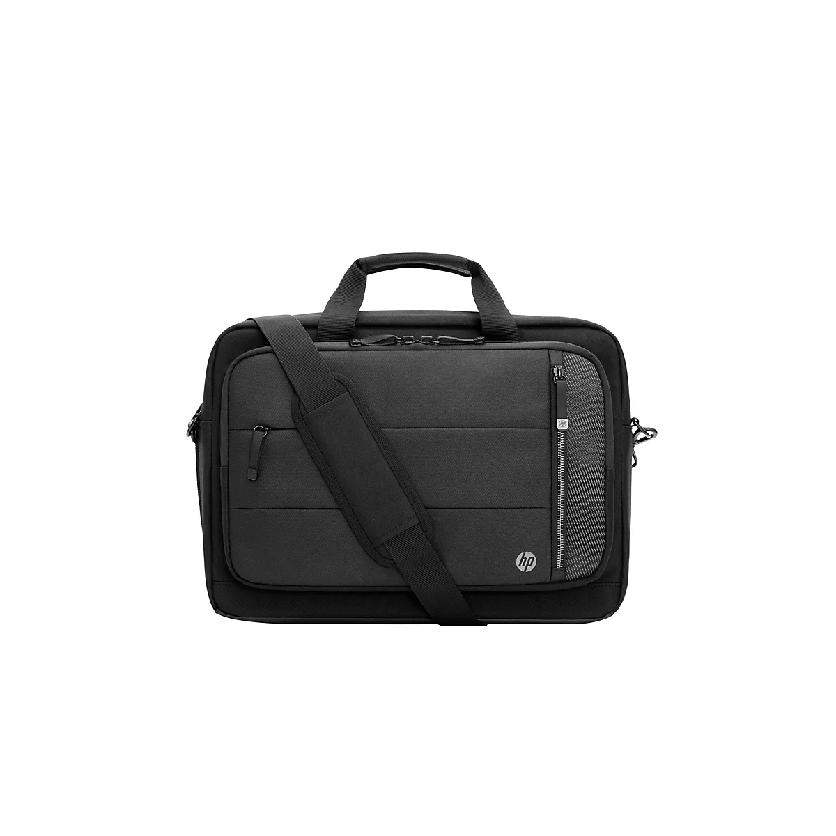 Schwarze HP Laptoptasche mit Tragegriff und Schultergurt. Auf der Vorderseite befindet sich ein Reißverschlussfach und das HP Logo.