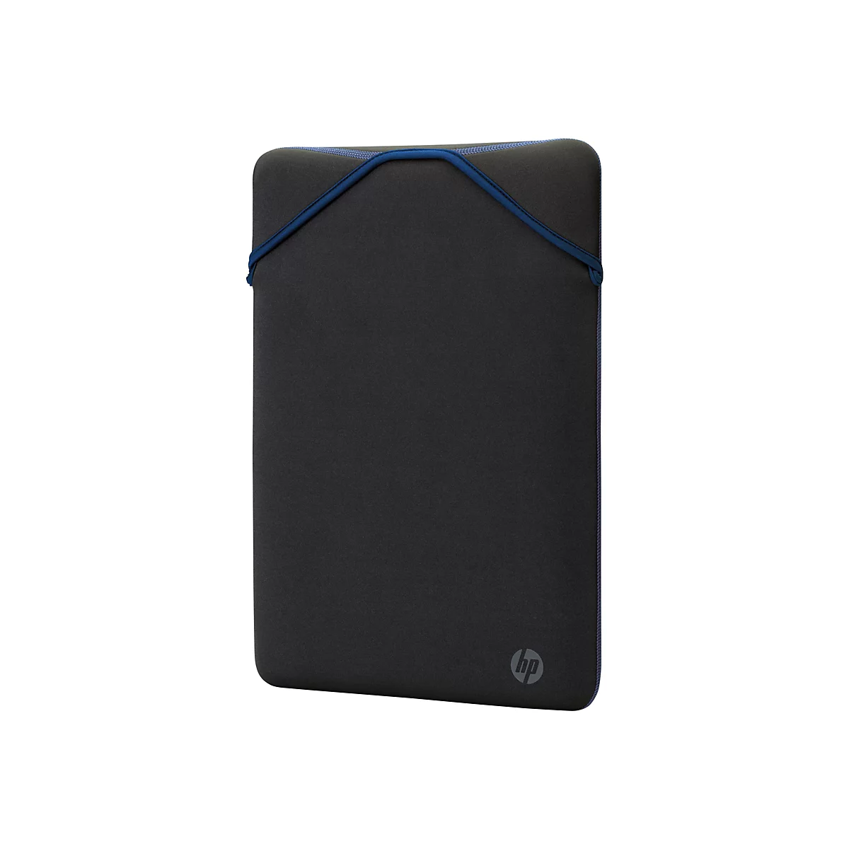Schwarze Laptoptasche mit blauem Akzent. Oben und an den Seiten mit einem blauen elastischen Band. HP-Logo unten rechts.
