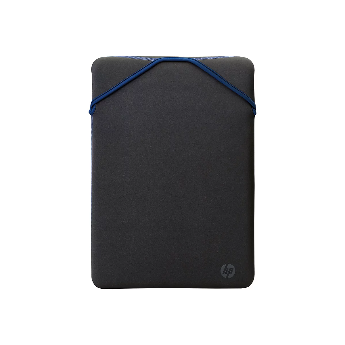 Schwarze HP Laptoptasche mit blauem Akzent und HP Logo. Die Tasche ist auf weißem Hintergrund zentriert.