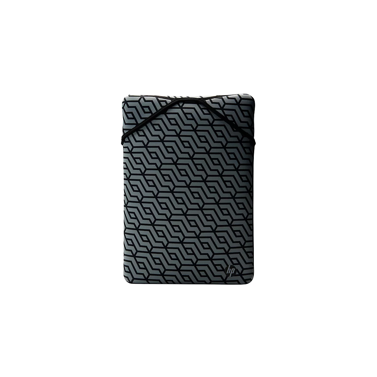 Graue Laptoptasche mit geometrischem Muster und HP-Logo. Schwarzes Gummiband zur Sicherung.