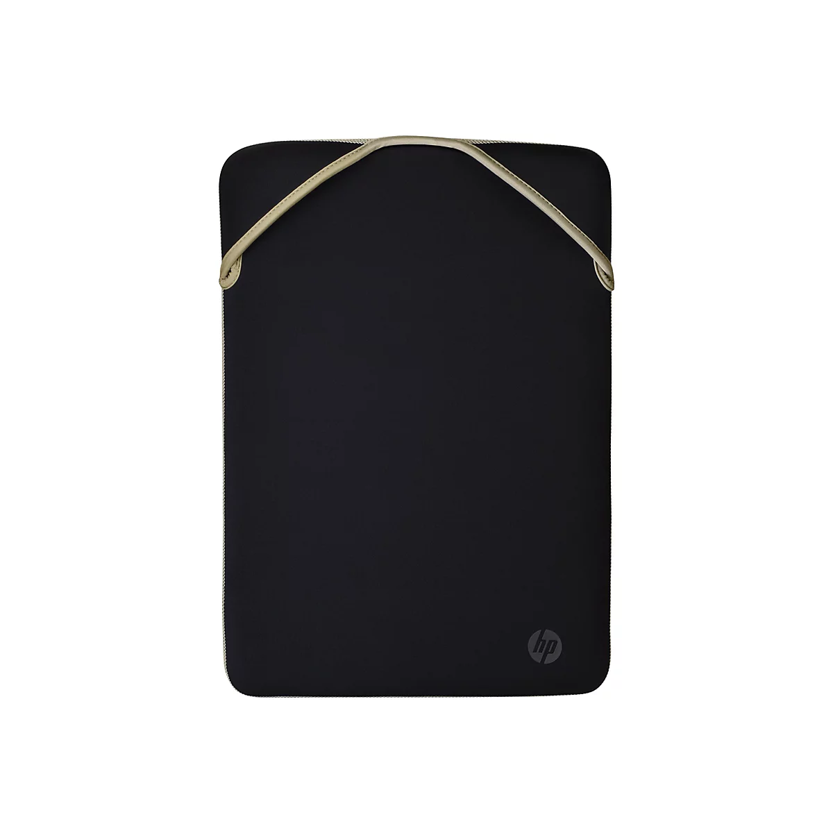 Schwarze Laptoptasche mit beigem Griff und HP-Logo.