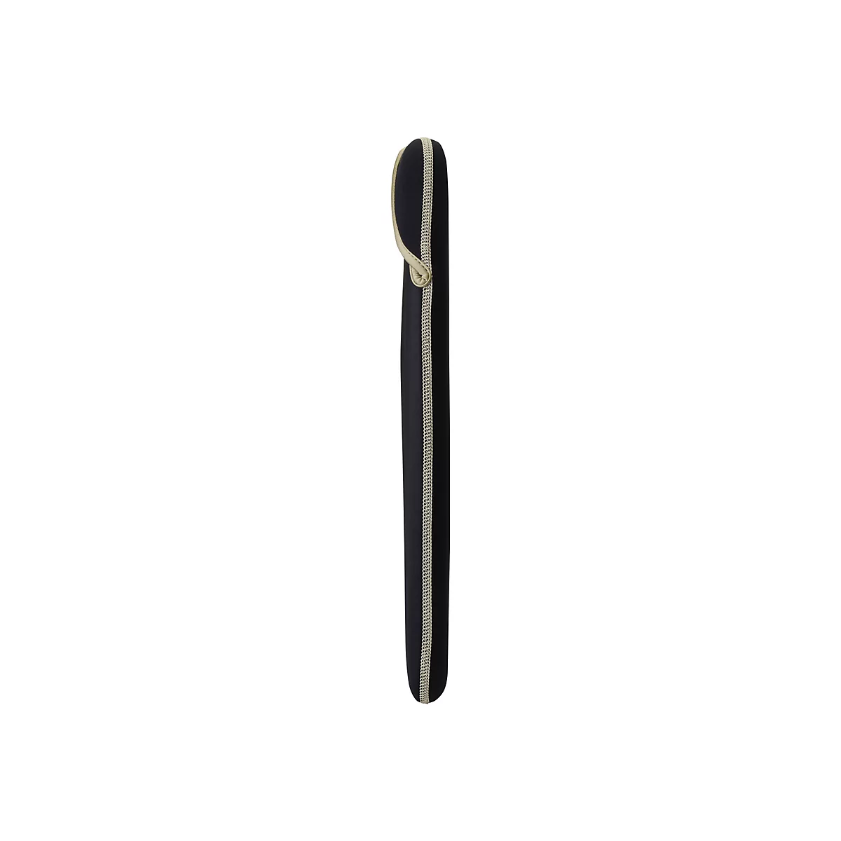 Eine schwarze, längliche Neoprentasche mit beigem Zierband und Reißverschluss vor weißem Hintergrund.