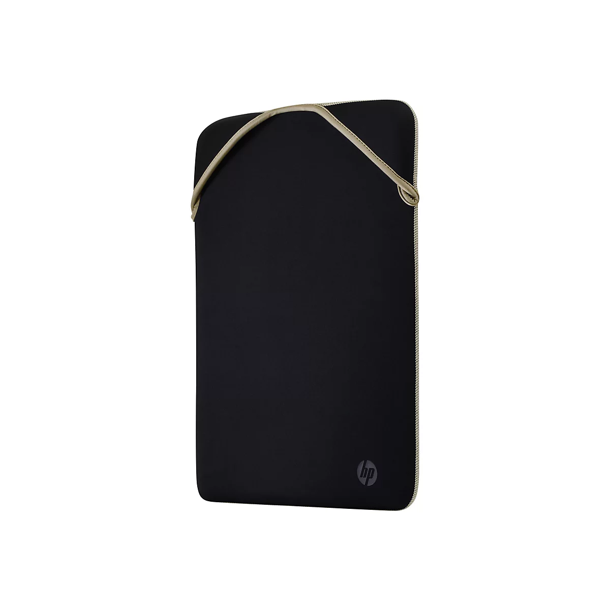 Schwarze HP Laptoptasche mit beigem Akzent. Das Logo befindet sich unten rechts.