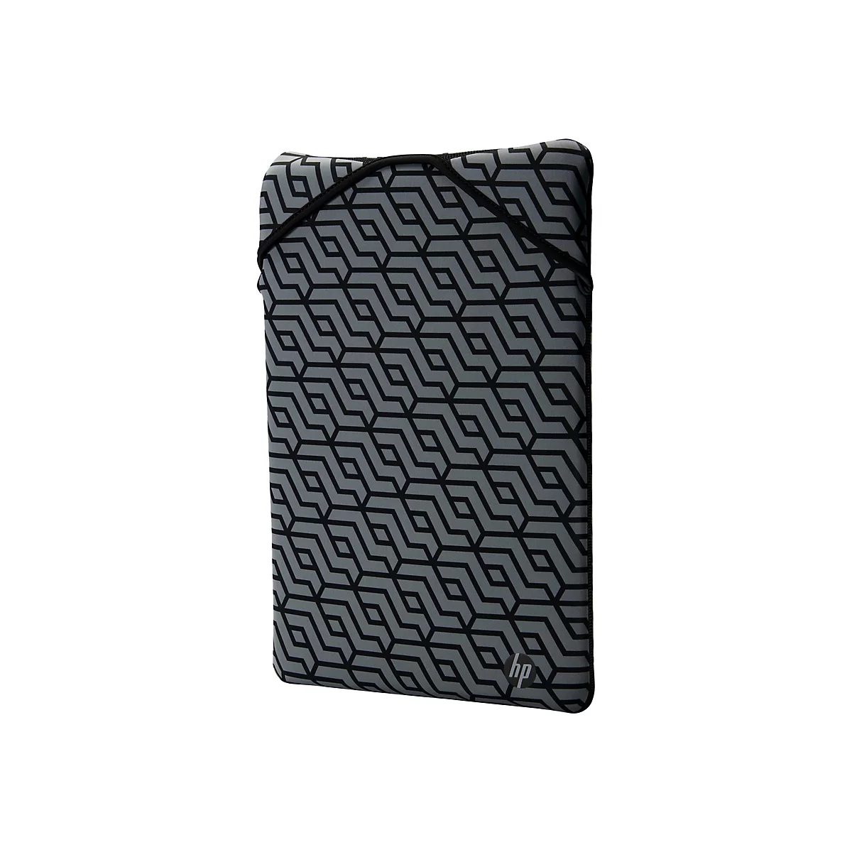 Grau-schwarze Laptoptasche mit geometrischem Muster und HP-Logo.
