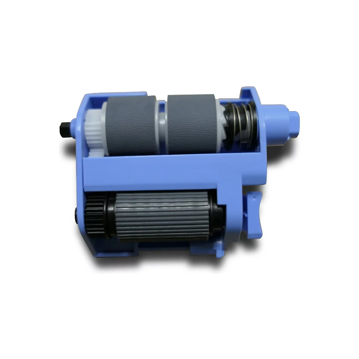 Ein blauer Drucker-Walzenmechanismus mit zwei grauen Rollen, darunter eine geriffelte Rolle und eine Feder.